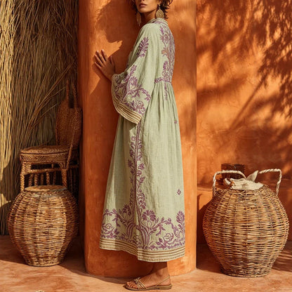 Embroidered Linen-Blend Kaftan Maxi Dress