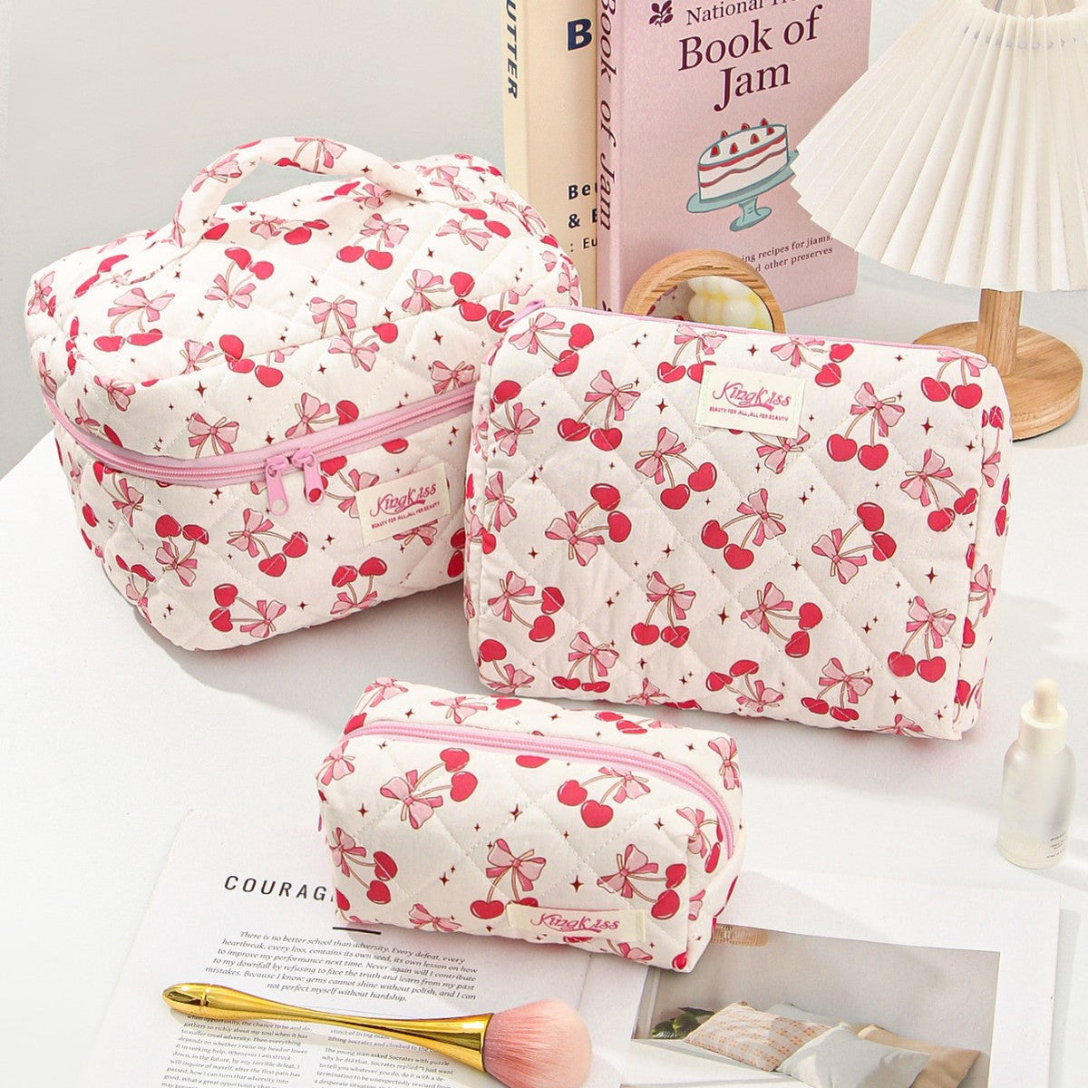 Cute Cherry Bow Print Travel Makeup Bag