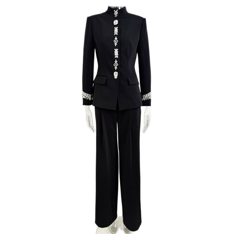 Trendy Black Beaded Jacket And Pants Set