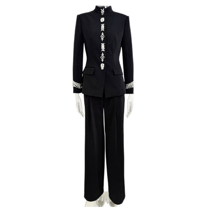 Trendy Black Beaded Jacket And Pants Set