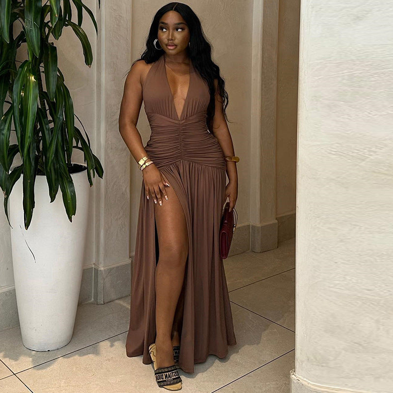 Casual Solid Color Sleeveless Deep V-Neck Dress