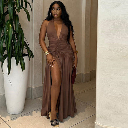 Casual Solid Color Sleeveless Deep V-Neck Dress