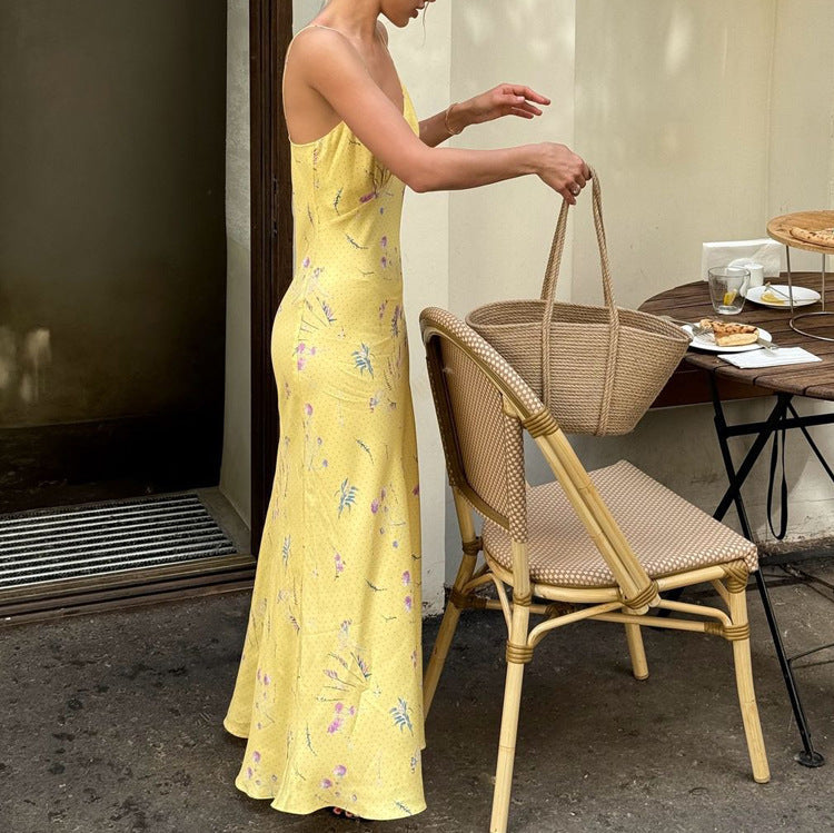 Deep V Floral Maxi Dress Women Sleeveless Shoulder Style