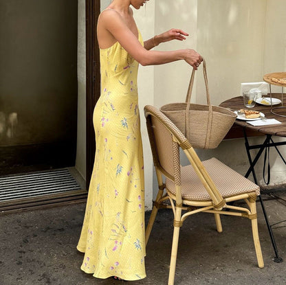 Deep V Floral Maxi Dress Women Sleeveless Shoulder Style