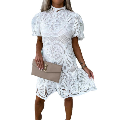 Elegant Hollow Lace Dress with Ruffles for Commuting