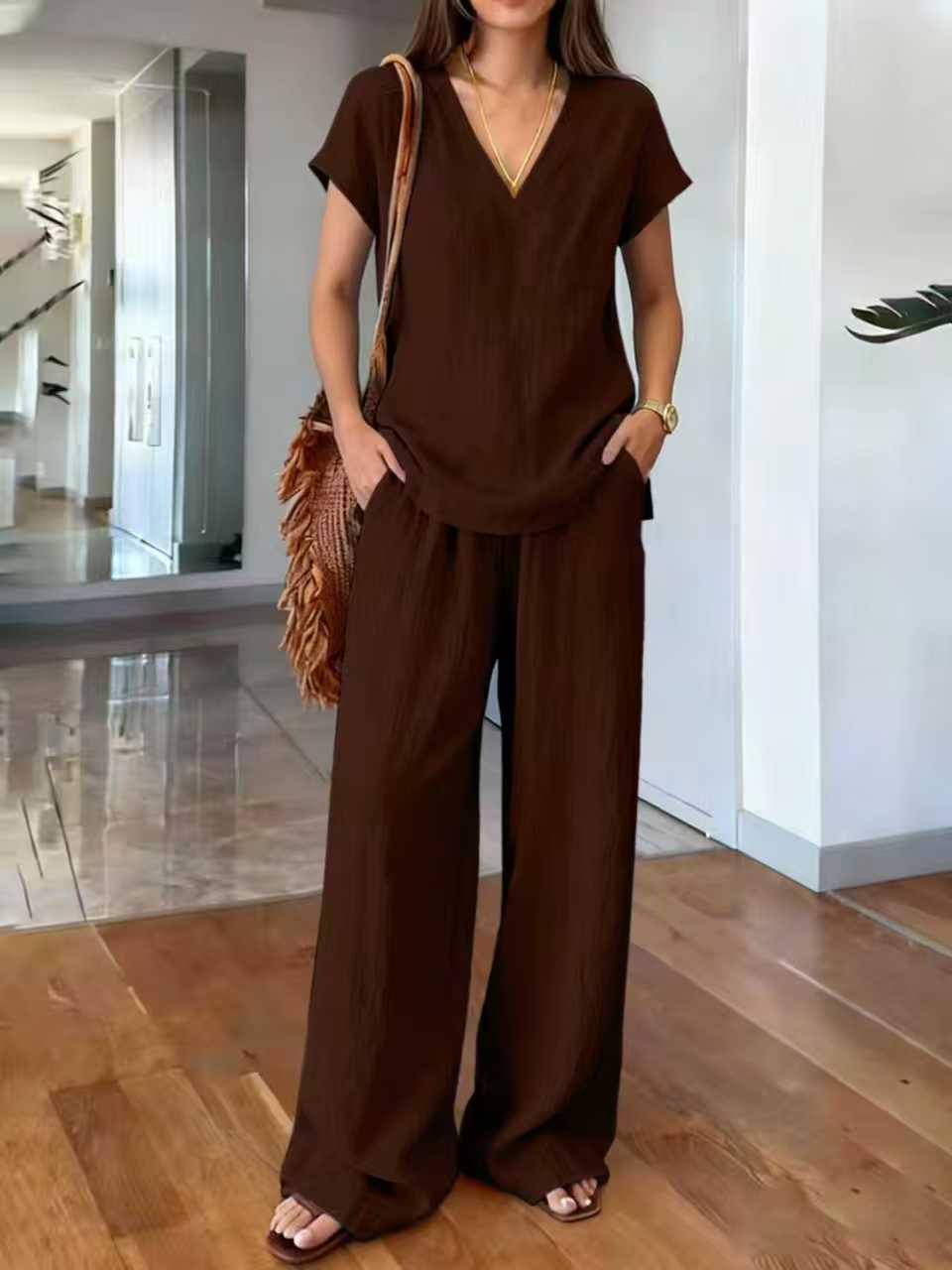 Linen V Neck Cap Sleeve Top & Elastic Waist Wide Leg Pants 2 Piece Co-Ord Set