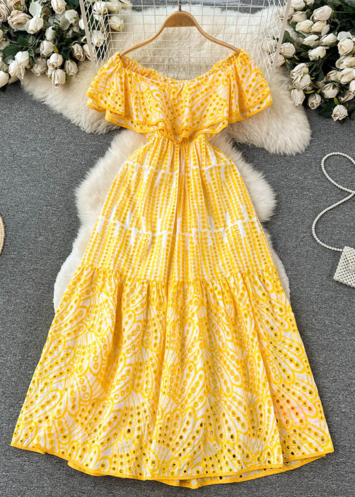 Ruffle Off Shoulder Dress Yellow Embroidered Midi