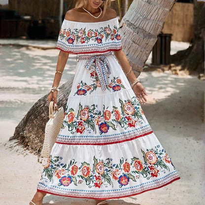 Spring And Summer New One-Shoulder Print Long Swing Dress