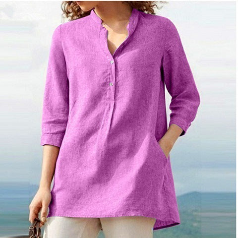 Women'S Wear Solid Color Seven Point Sleeve Stand Collar Cotton Hemp Casual Pullover Shirt