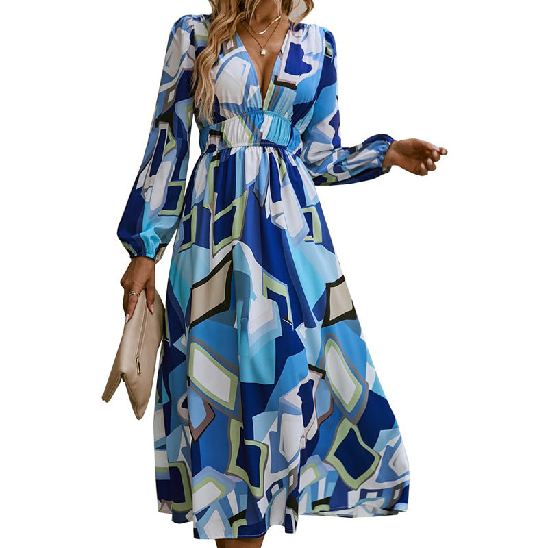 Bohemian Style New Spring And Autumn Deep V Print High Waisted Casual Long Sleeved Mid Length Dress