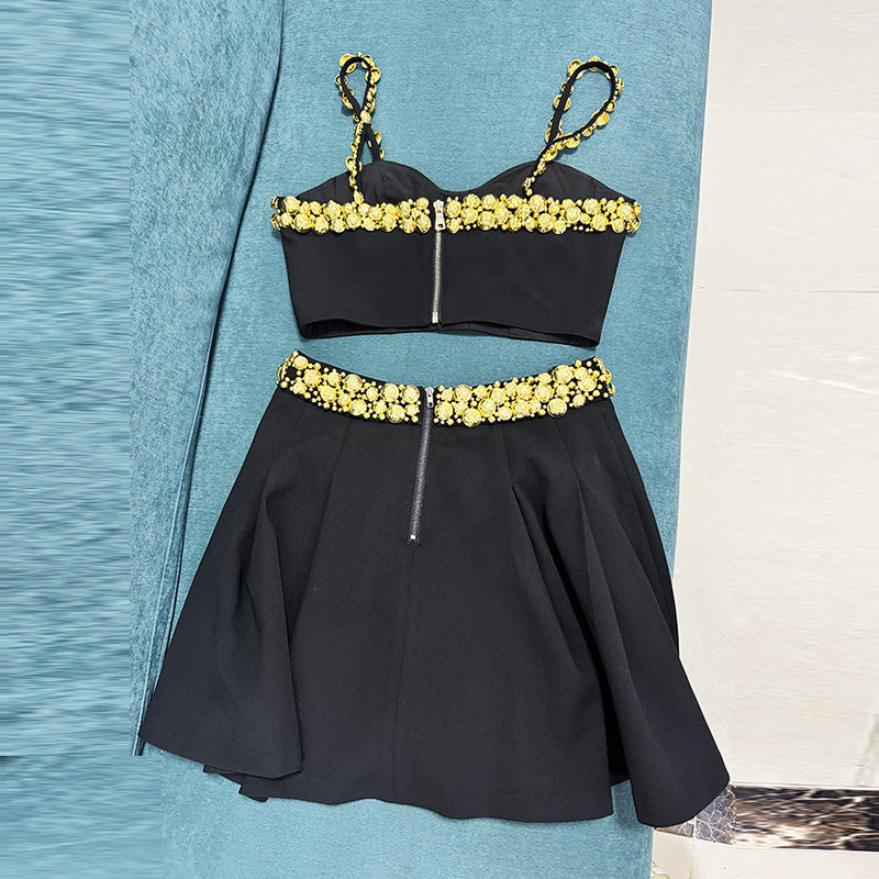 Fashionable Gold Button Decorated Cami Top And Maxi Skirt Set