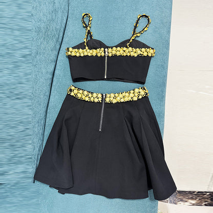 Fashionable Gold Button Decorated Cami Top And Maxi Skirt Set