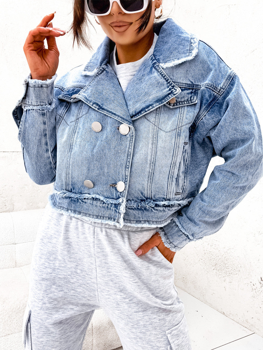 Loose Fit Denim Jacket with Suit Collar for Women
