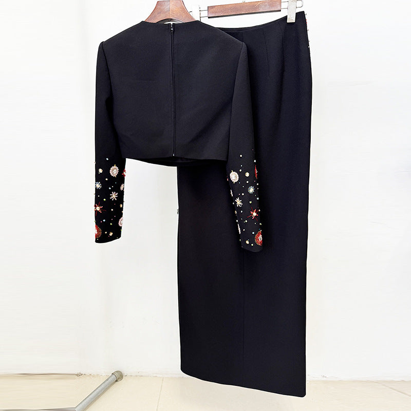 Trendy Beaded Short Jacket And Maxi Skirt Set