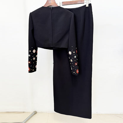 Trendy Beaded Short Jacket And Maxi Skirt Set