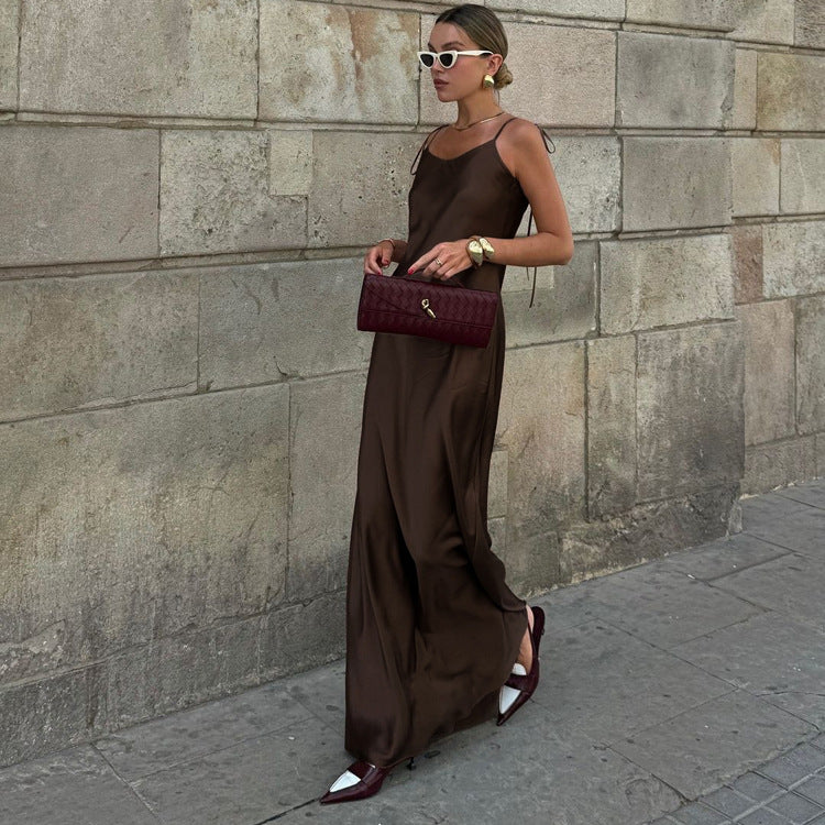 Sleek Brown Long Slip Dress with Adjustable Straps