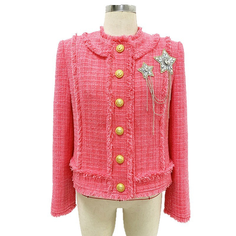 Fashionable Beaded Brooch Jacket with Fringe Wool Blend