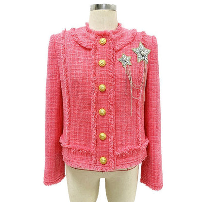 Fashionable Beaded Brooch Jacket with Fringe Wool Blend