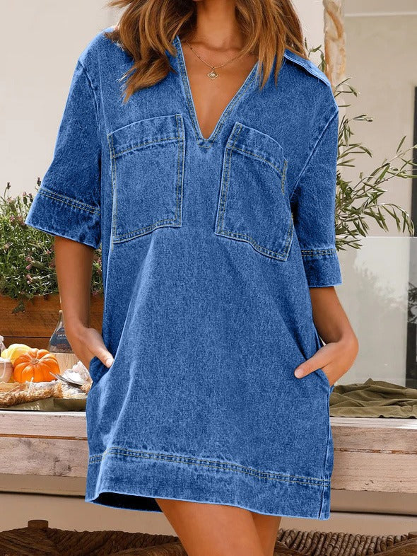 Casual V-Neck Short Sleeve Denim Dress with Pockets