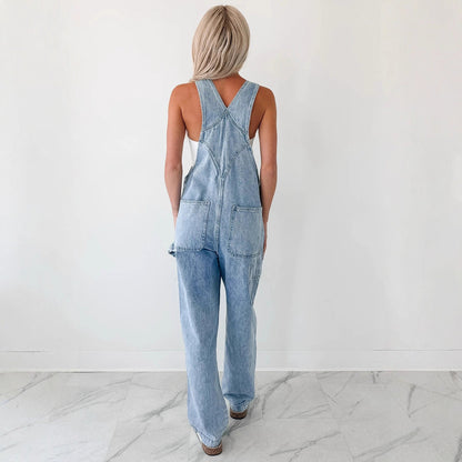 Trendy Denim Washed Straight Leg Bib Overall