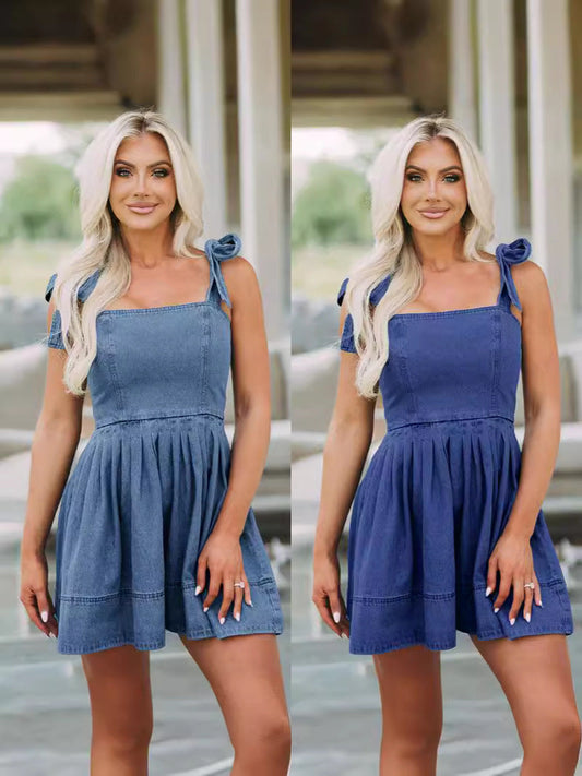 Trendy Casual Denim Dress Sleeveless with Zipper Detail