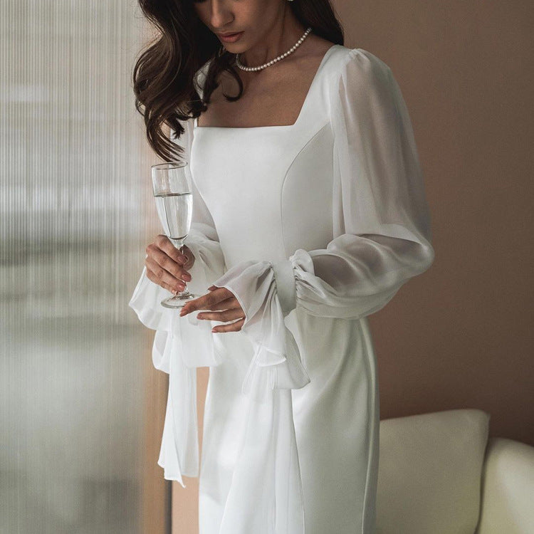 French Style Square Neck Sheer Mesh Flare Sleeve Bodycon Dress