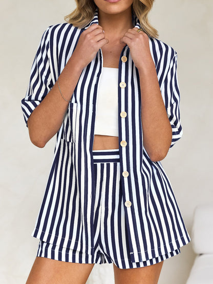 Striped Button-Up Shirt and Shorts Set for Women