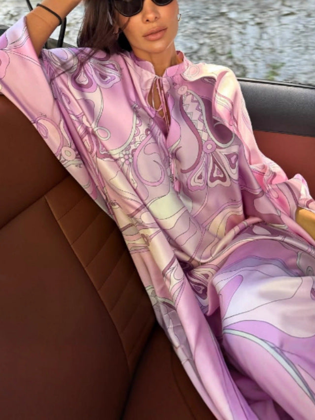 New Floral Print A-Line Dress with V-Neck and Batwing Sleeves