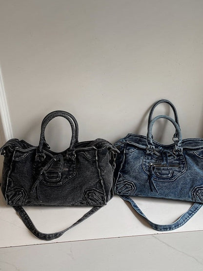 High Capacity Denim Motorcycle Bag Trendy Casual Shoulder Bag