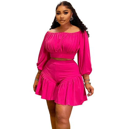 New Plus Size Two-Piece Women'S Set With Ruffled Off-Shoulder Design