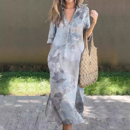 New Casual Summer Loose Skirt Slit V-Neck Print Imitation Hemp Dress Cotton