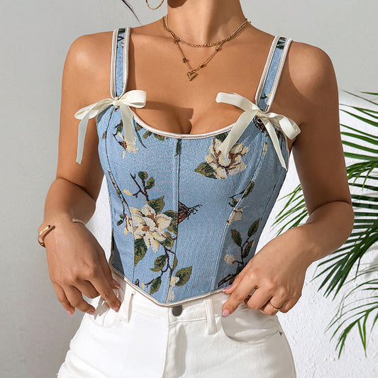 French Bow Tie Floral Print Shaping Tank Top For Women