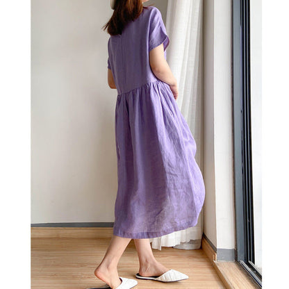 Cotton And Linen Solid Color Plus Size Dress Women'S Summer Loose Japanese Mid-Length Skirt Women
