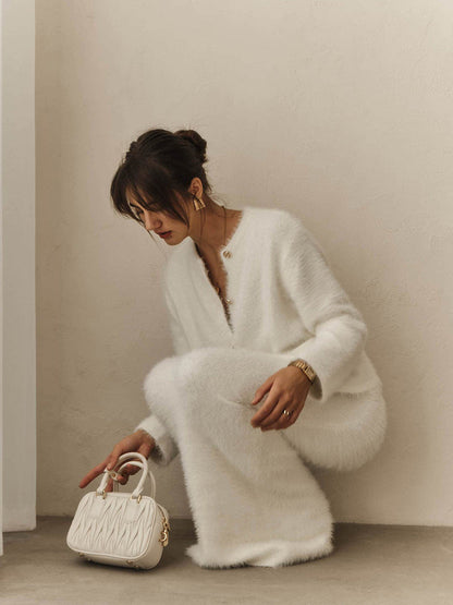 Elegant Long Sleeve Cardigan And Skirt Set - White