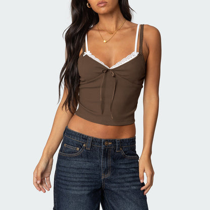 Lace Trim Color Block Cami Top with Bow Details