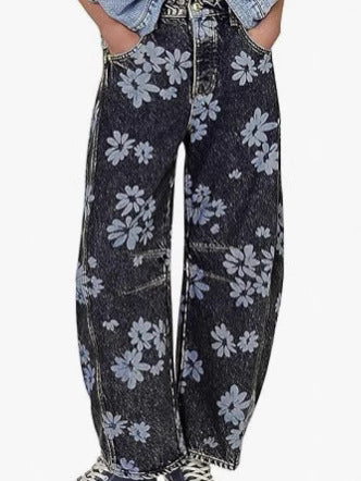 Relaxed Fit Mid-Waist Denim Pants with Pockets