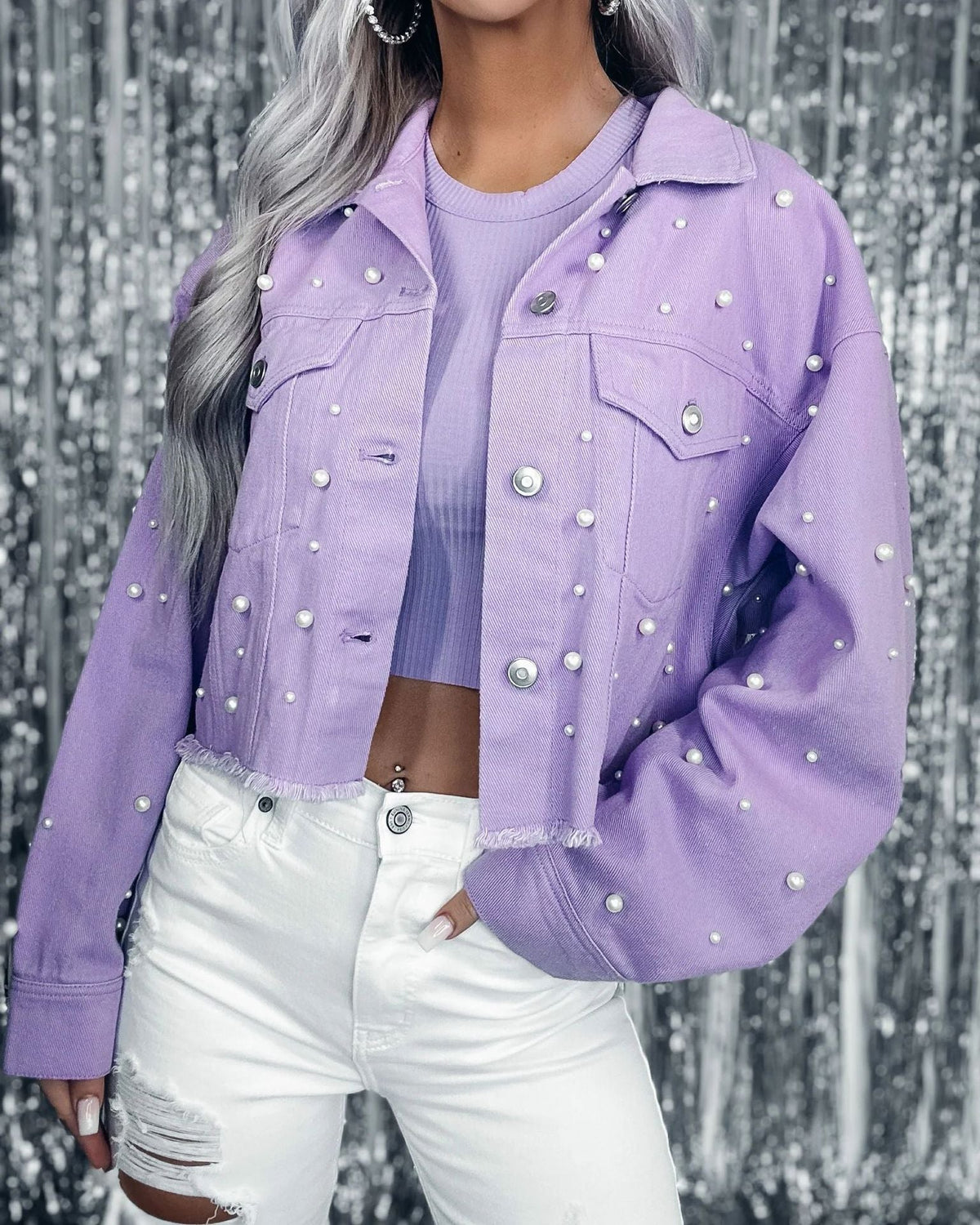 Casual Street Style Denim Jacket with Beads
