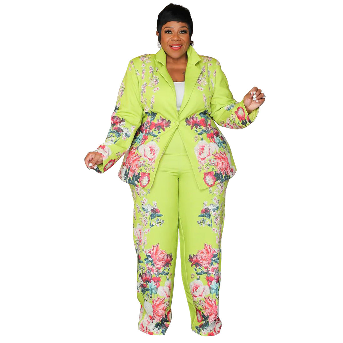 Plus Size Printed Suit Set Casual Blazer And Pants