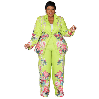 Plus Size Printed Suit Set Casual Blazer And Pants