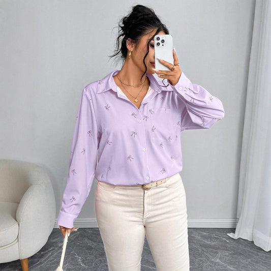Plus Size Women's Shirt Jacket with Bow Print Long Sleeves Casual Blouse
