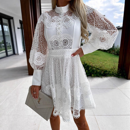 Elegant Lace Long Sleeve Dress with Ruffled Detail