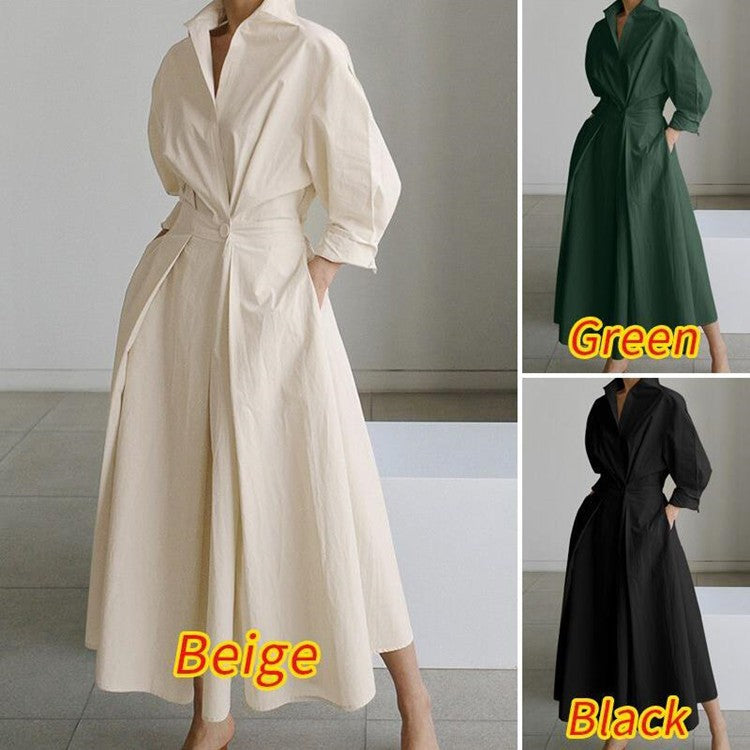 Cotton And Linen Net Color Lapel /Polo Collar Shirt Sleeve Elastic Waist Big Swing Dress