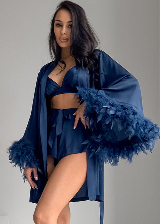Satin Loungewear Set With Feather Trim