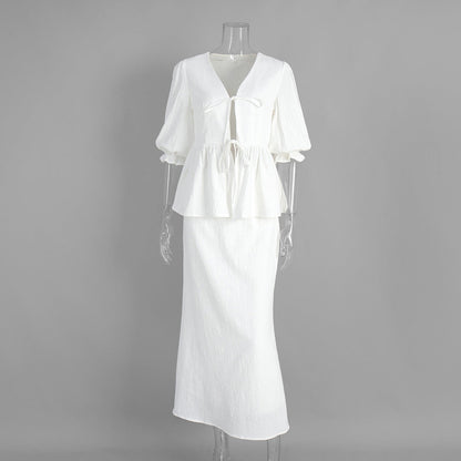 V-Neck Ruffled Sleeve Maxi Dress Set Comfortable Casual Cotton