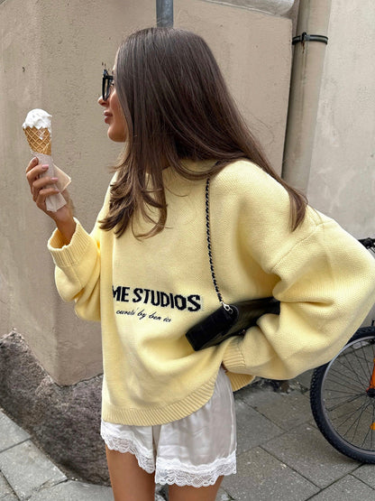 Letter Pattern Knitted Sweatshirt Casual Pullover for Women