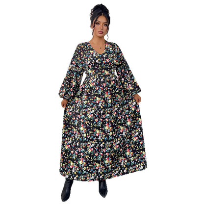 Printed V-Neck High-Waist Loose Maxi Dress