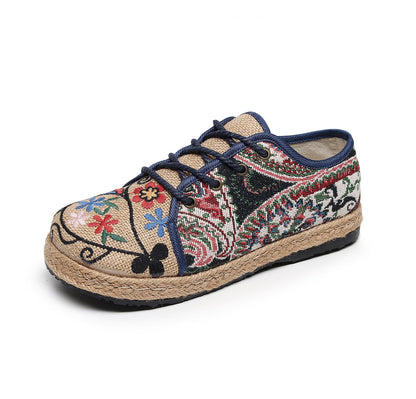 Ethnic Style Lace Up Art Linen Casual Shoes Cotton Linen Embroidered Shoes Women'S Shoes