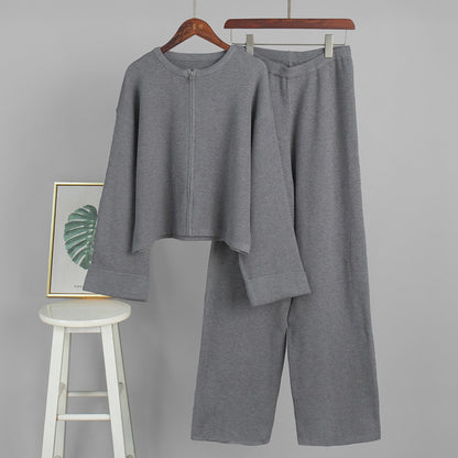 Casual Knitted Long Sleeve Top And Wide Leg Pants Set