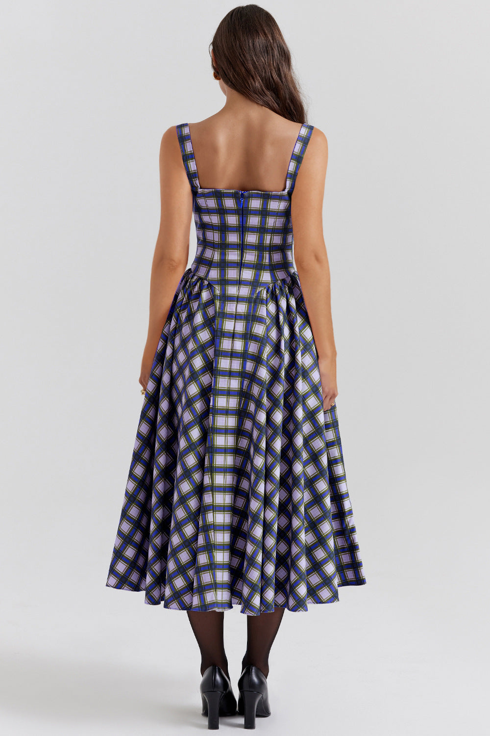 Vintage Plaid Pleated Spaghetti Dress