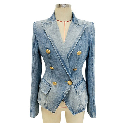 Trendy Double-Breasted Denim Blazer With Lion Button